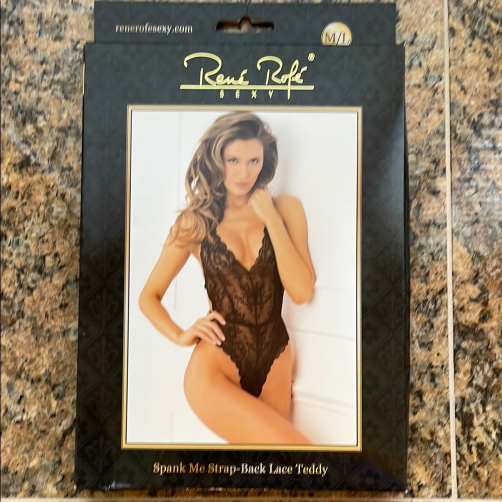 Rene Rofe Sexy Black Lace Bodysuit M/L New in Box